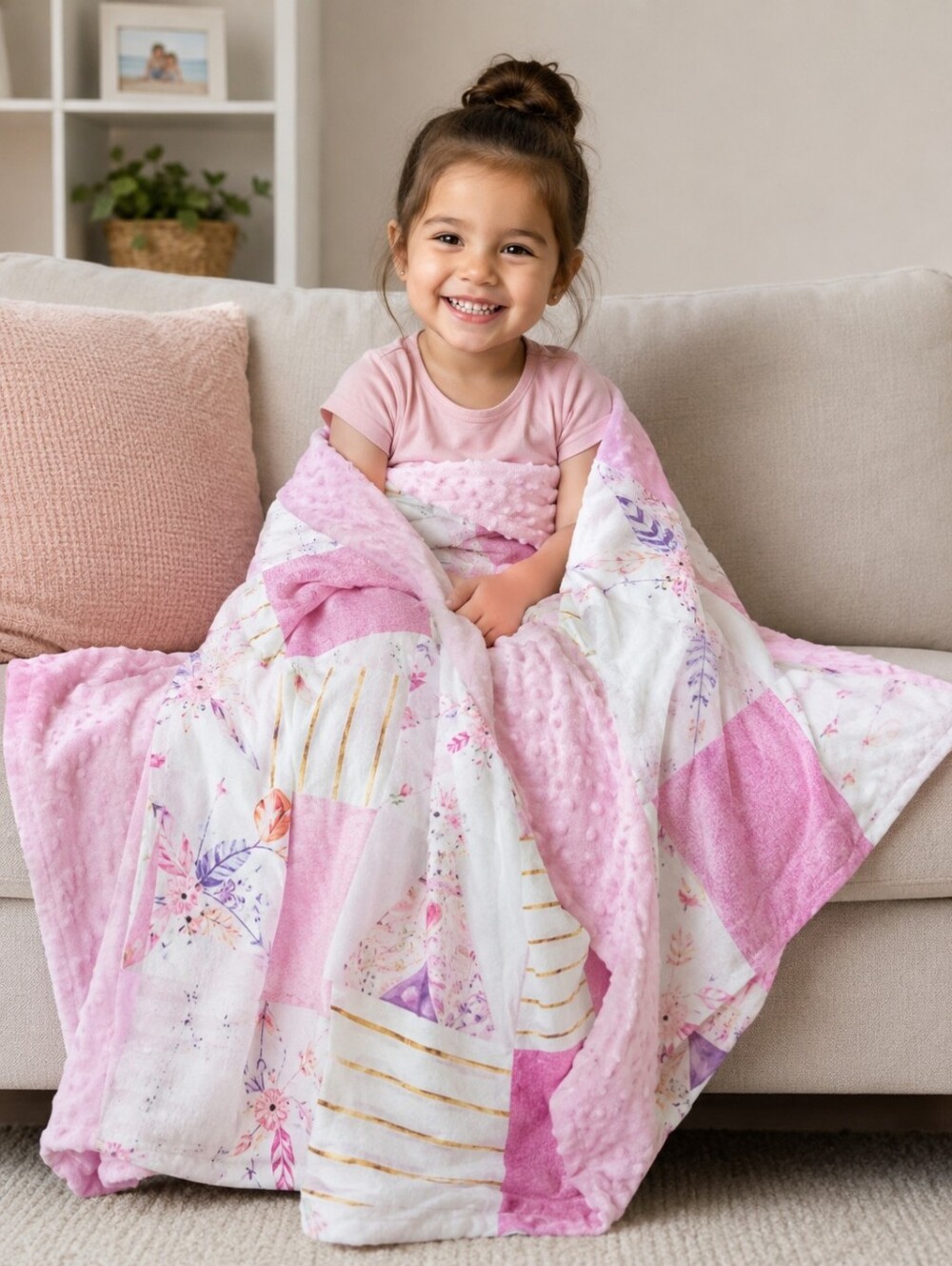 Minky Dot Pink & Gold Feathers & Teepees Toddler Blanket